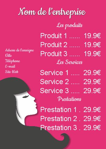Affiche Coiffure Liste Prix Femme gratuit à imprimer