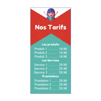 affiche liste prix bleu femme rouge ruban 