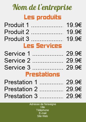 Affiche Liste Prix Gris Orange à imprimer