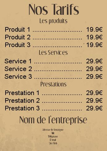 Affiche Liste Prix Marron à imprimer