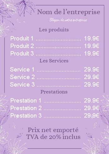 Affiche Spa Liste Prix Mauve à imprimer