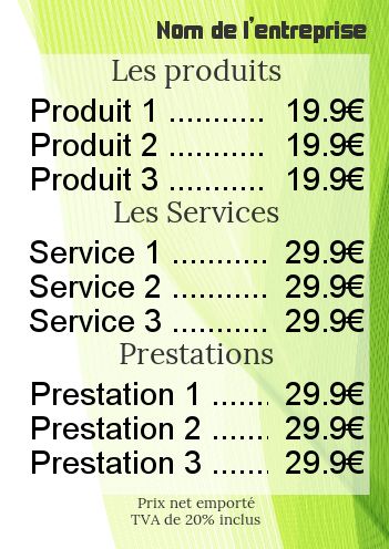 Affiche Liste Prix Abstrait Vert gratuit à imprimer